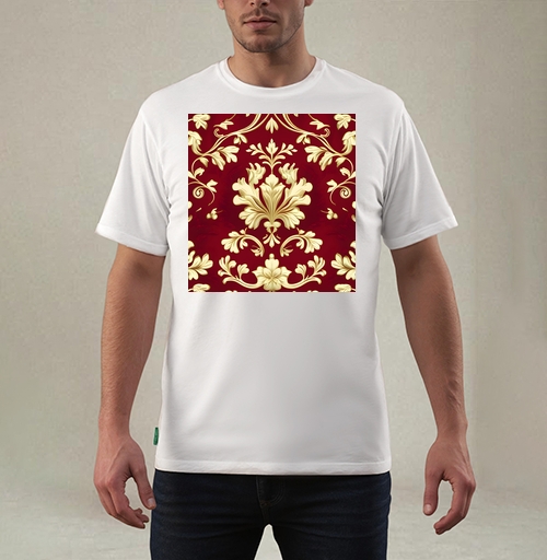 Фотография футболки Золотой дамасский узор на темном бордовом фоне Golden damask pattern