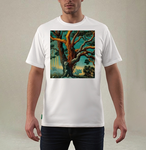 Фотография футболки Golden tree in turquoise forest / Золотое дерево в бирюзовом лесу