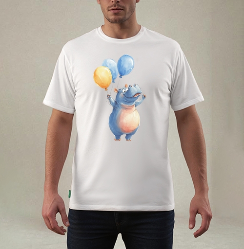 Фотография футболки Watercolor Blue Hippo with Balloons / Акварельный бегемот с шариками