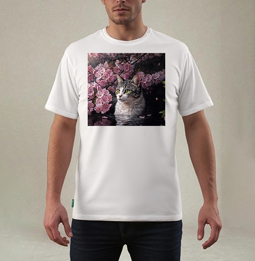Фотография футболки Cat in sakura – Полосатый кот среди розовых лепестков Кот сакура вишня