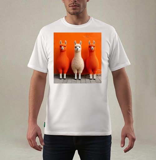 Фотография футболки Llamas in orange sweaters / Ламы в ярких свитерах у оранжевой стены