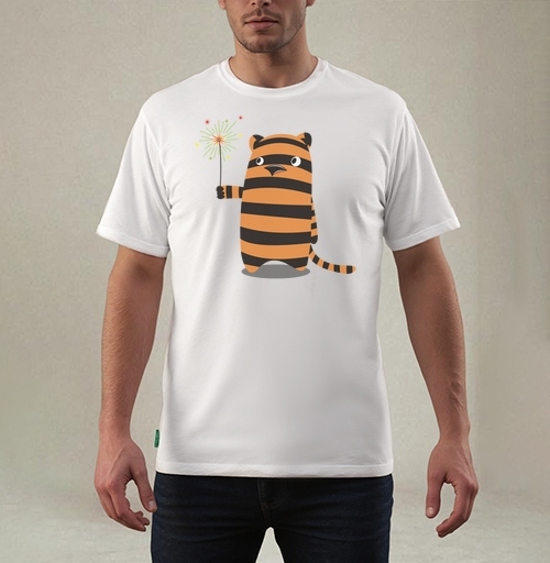 Фотография футболки Derpy Tiger/Дерпи Тигр с бенгальским огнем в моменте маленького личного праздника