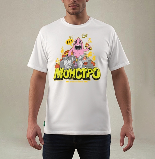 Фотография футболки Энергичный Pink Monster / Розовый монстр рушит серый город и мегаполис в огне
