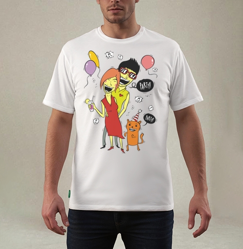 Фотография футболки Pop art вечеринка / Party с женщиной мужчиной и рыжим котом PARTY ТУСУЕМСЯ