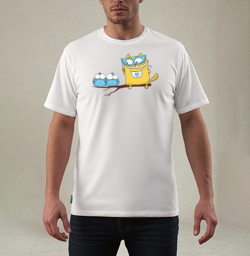 Фотография футболки Yellow Superhero Cat / Желтый супергерой кот угрожает маленьким синим птичкам