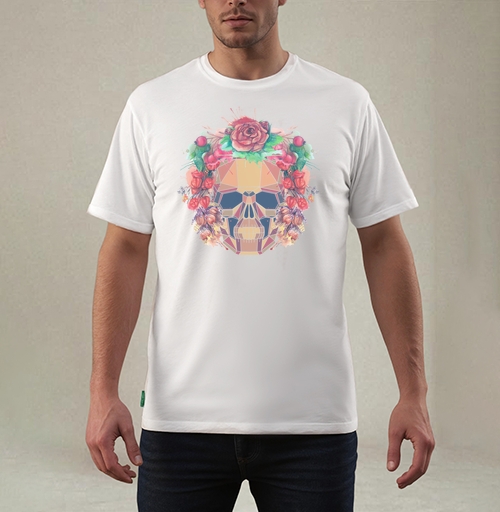 Фотография футболки Polygonal human skull and watercolor wreath.Los muertos.