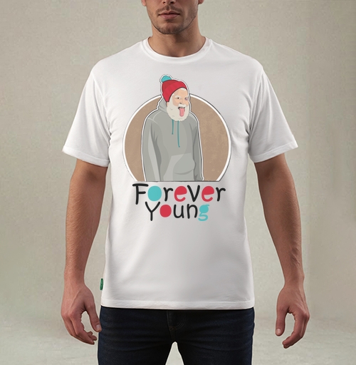 Фотография футболки Веселый старик Forever Young с яркой шапкой
