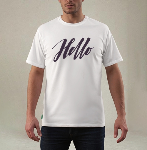 Фотография футболки Стильный каллиграфический принт Hello на белом фоне