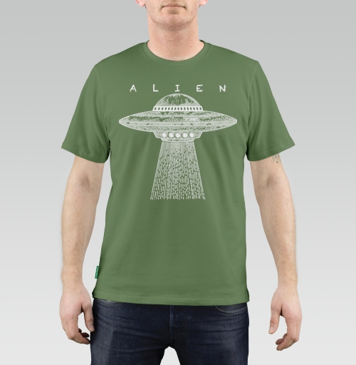 Фотография футболки Винтажный НЛО с лучом света и надписью ALIEN