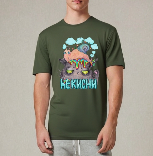 Фотография футболки Унылый кот с яркой улиткой и радужными каплями