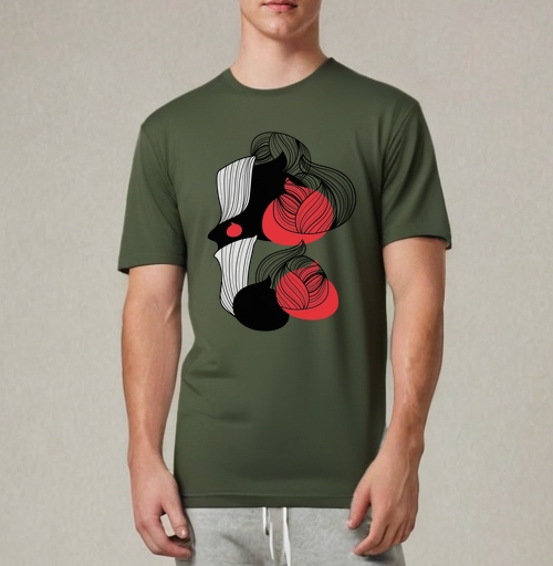 Фотография футболки Черно белые листья с красными акцентами узор бесшовный