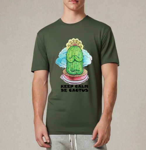 Фотография футболки Спокойный медитирующий кактус с позитивной надписью be cactus