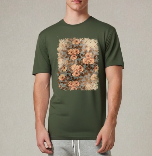 Фотография футболки Ностальгические розы и листья коричневые персиковый зелёный
