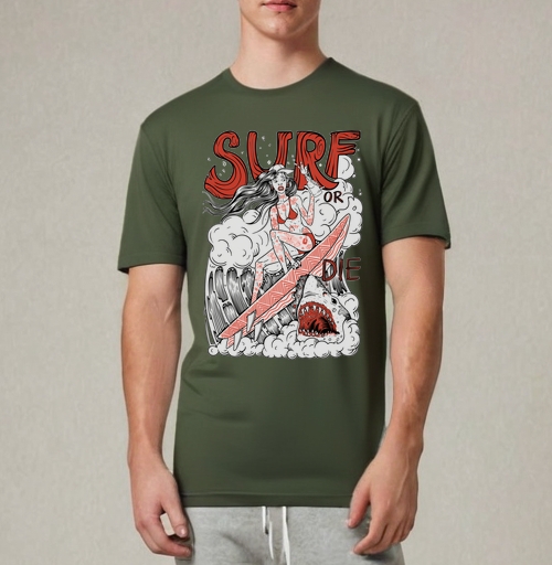 Фотография футболки Девушка Серфер На Волне С Акулами Surf Or Die