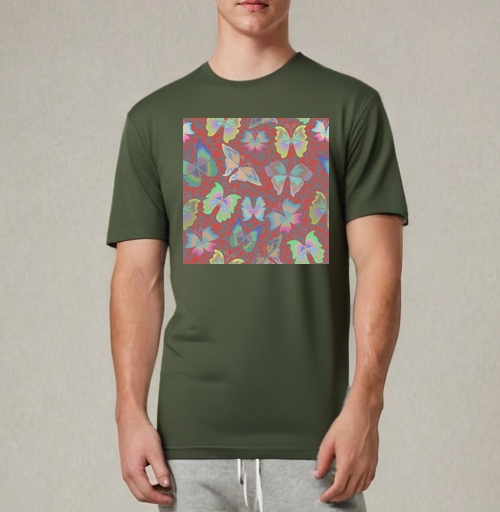 Фотография футболки Разноцветные бабочки на серо красном фоне бесшовный принт