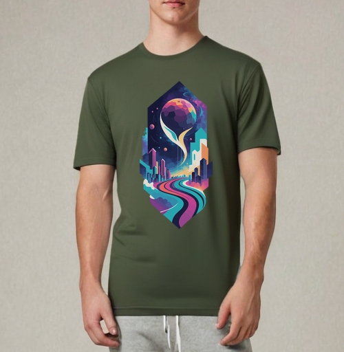 Фотография футболки Футуристический синтвейв постер с дорогой в космос