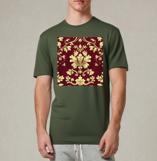 Фотография футболки Золотой дамасский узор на темном бордовом фоне Golden damask pattern