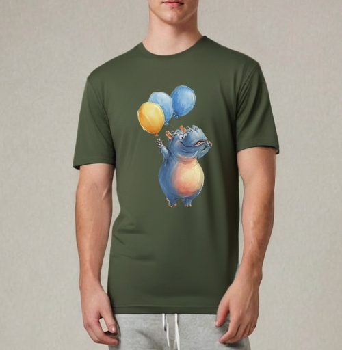 Фотография футболки Watercolor Blue Hippo with Balloons / Акварельный бегемот с шариками