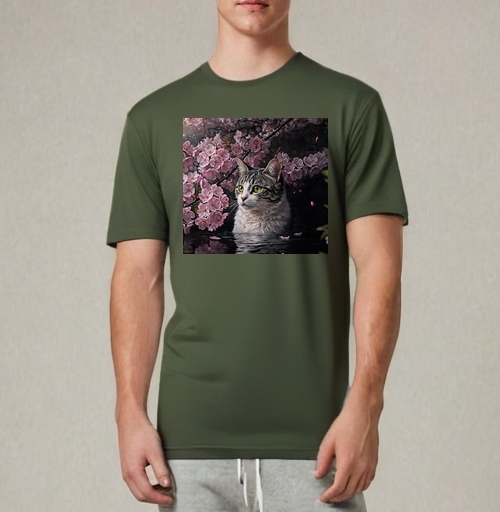 Фотография футболки Cat in sakura – Полосатый кот среди розовых лепестков Кот сакура вишня