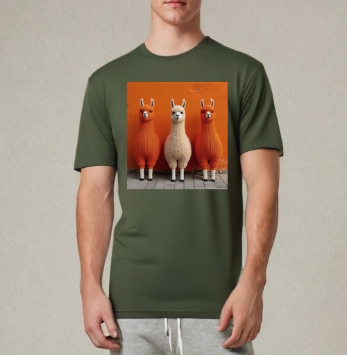Фотография футболки Llamas in orange sweaters / Ламы в ярких свитерах у оранжевой стены