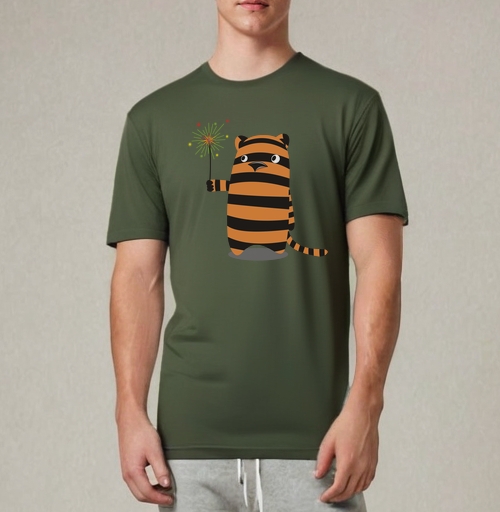 Фотография футболки Derpy Tiger/Дерпи Тигр с бенгальским огнем в моменте маленького личного праздника