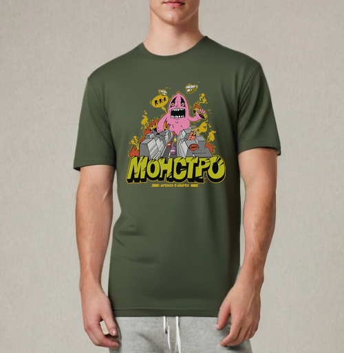 Фотография футболки Энергичный Pink Monster / Розовый монстр рушит серый город и мегаполис в огне