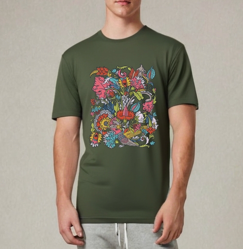 Фотография футболки Vintage floral seamless pattern with bird / Винтажный цветочный бесшовный узор с птицей