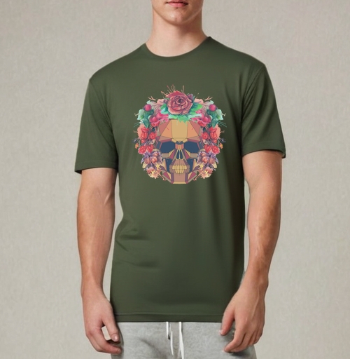 Фотография футболки Polygonal human skull and watercolor wreath.Los muertos.