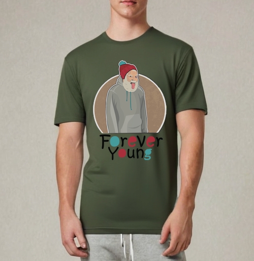 Фотография футболки Веселый старик Forever Young с яркой шапкой