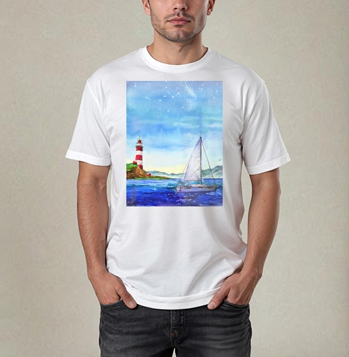 Фотография футболки Яхта и маяк в море