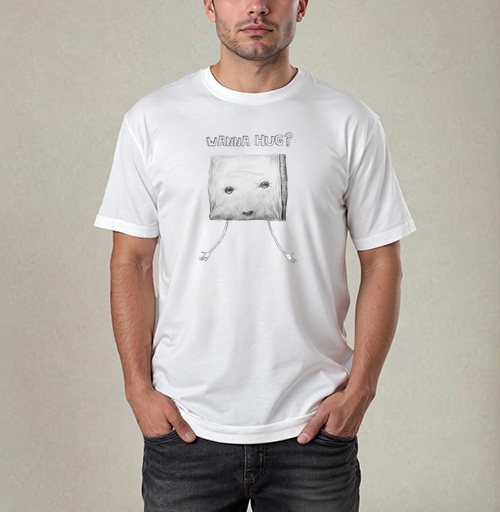 Фотография футболки Обнимемся – как бы говорит нам подушка