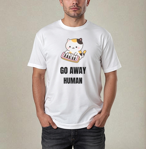 Фотография футболки Мультяшный котёнок с синтезатором и надписью GO AWAY