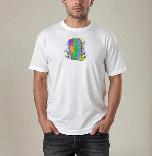 Фотография футболки Яркие цветные фигуры в полосатых оболочках мистической сцены
