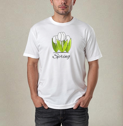 Фотография футболки Белые тюльпаны и зелёные листья весна надпись Spring