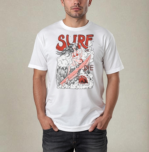 Фотография футболки Девушка Серфер На Волне С Акулами Surf Or Die