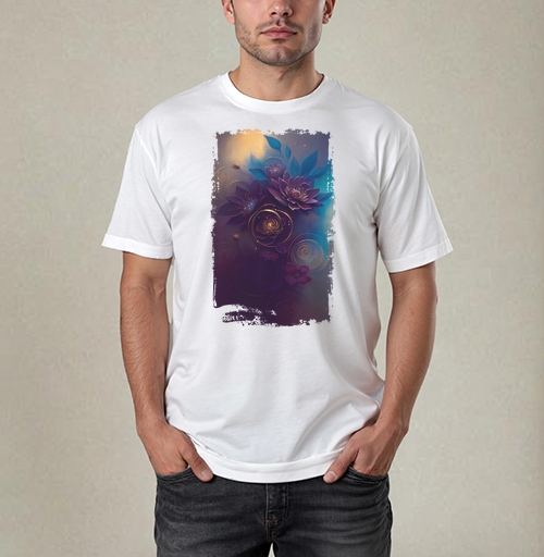 Фотография футболки Темные цветы с золотым свечением эффектно играют светом