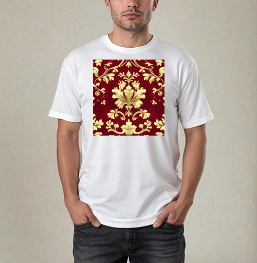Фотография футболки Золотой дамасский узор на темном бордовом фоне Golden damask pattern
