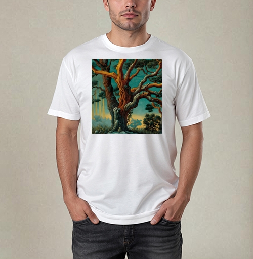 Фотография футболки Golden tree in turquoise forest / Золотое дерево в бирюзовом лесу