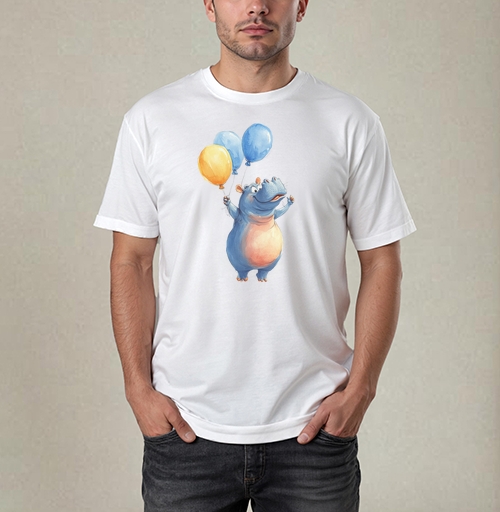 Фотография футболки Watercolor Blue Hippo with Balloons / Акварельный бегемот с шариками