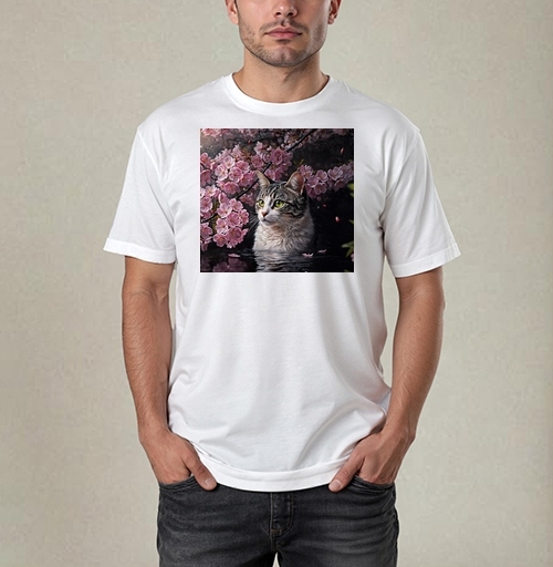 Фотография футболки Cat in sakura – Полосатый кот среди розовых лепестков Кот сакура вишня