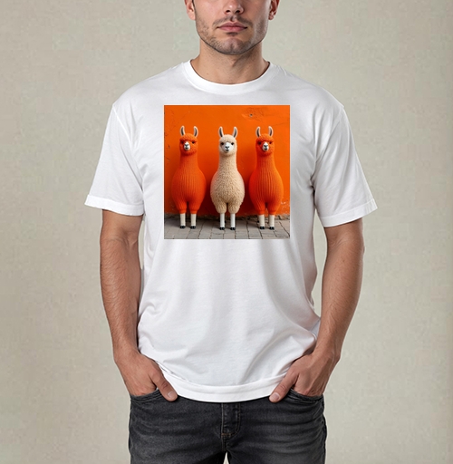 Фотография футболки Llamas in orange sweaters / Ламы в ярких свитерах у оранжевой стены