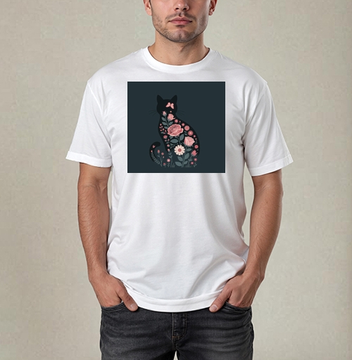 Фотография футболки Изящный грациозный силуэт черного кота в розах Floral cat rose