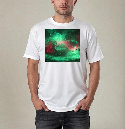 Фотография футболки Зелёный космический светящийся многогранник среди хаоса вселенной