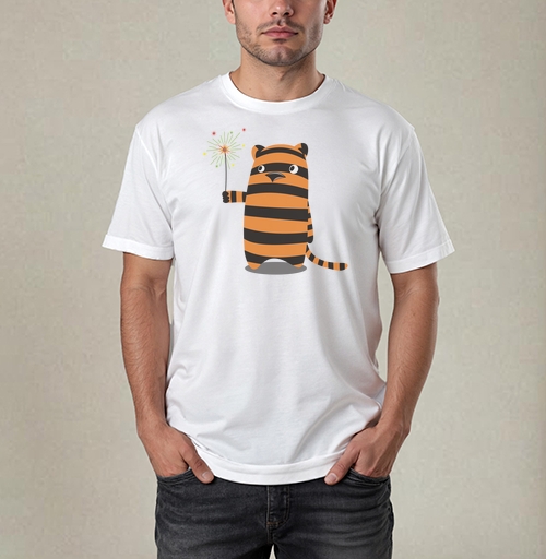 Фотография футболки Derpy Tiger/Дерпи Тигр с бенгальским огнем в моменте маленького личного праздника