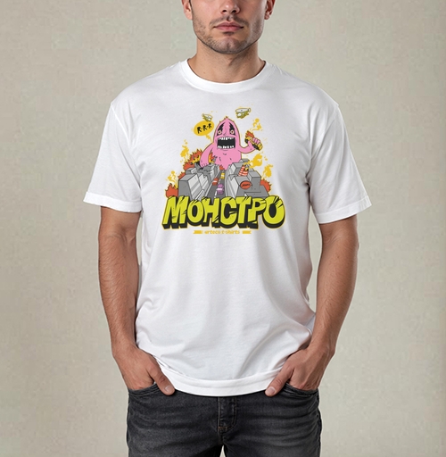 Фотография футболки Энергичный Pink Monster / Розовый монстр рушит серый город и мегаполис в огне