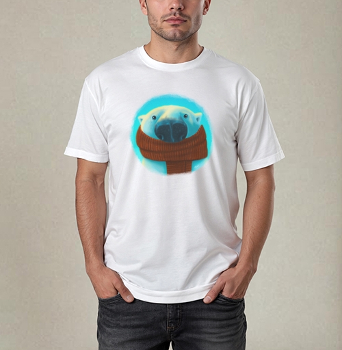 Фотография футболки Белый медведь в уютном шарфе теплого терракотового