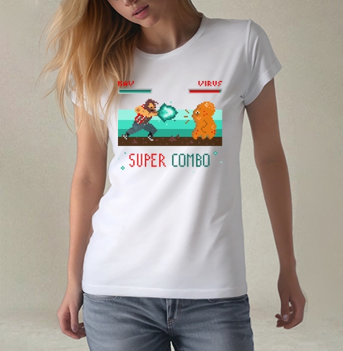 Фотография футболки Энергичная битва в пиксель-арт стиле с SUPER COMBO