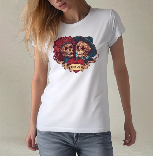 Фотография футболки Романтичные черепа Дня мертвых с надписью LOVE FOREVER