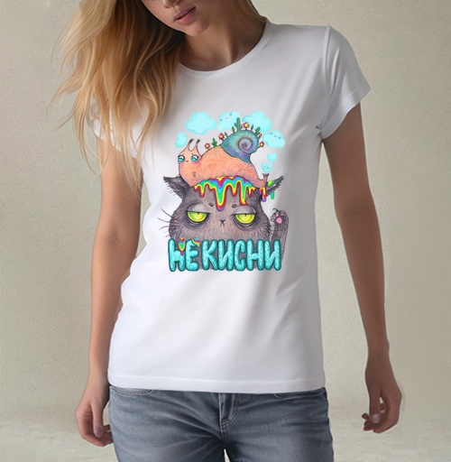 Фотография футболки Унылый кот с яркой улиткой и радужными каплями