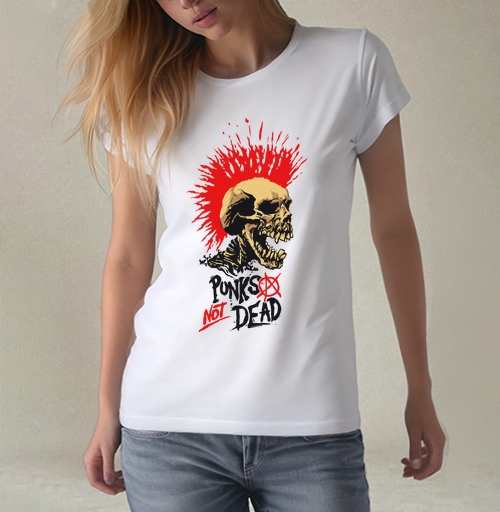 Фотография футболки Агрессивный череп с красным ирокезом «Punks Not Dead»